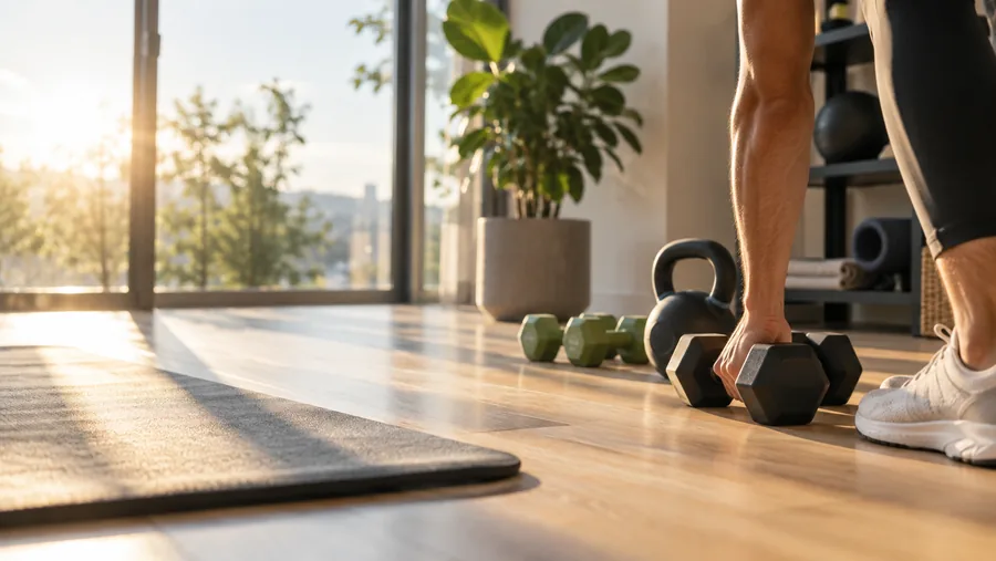 Kurzhanteln, Kettlebell und eine Matte auf Holzboden vor einer Fensterfront im Morgenlicht - ein Heimtraining, wie LeibFit es einplant