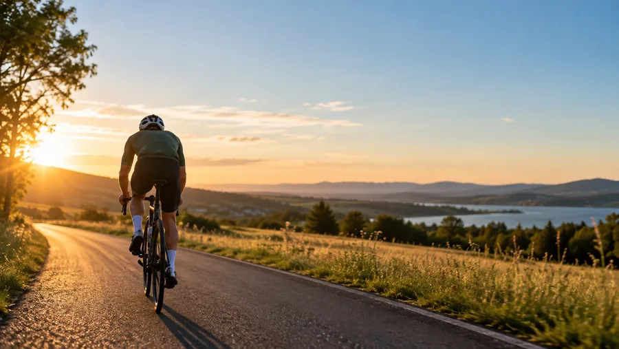 Rennradfahrer auf einer Landstraße im Gegenlicht der Abendsonne, dahinter Hügel und ein See