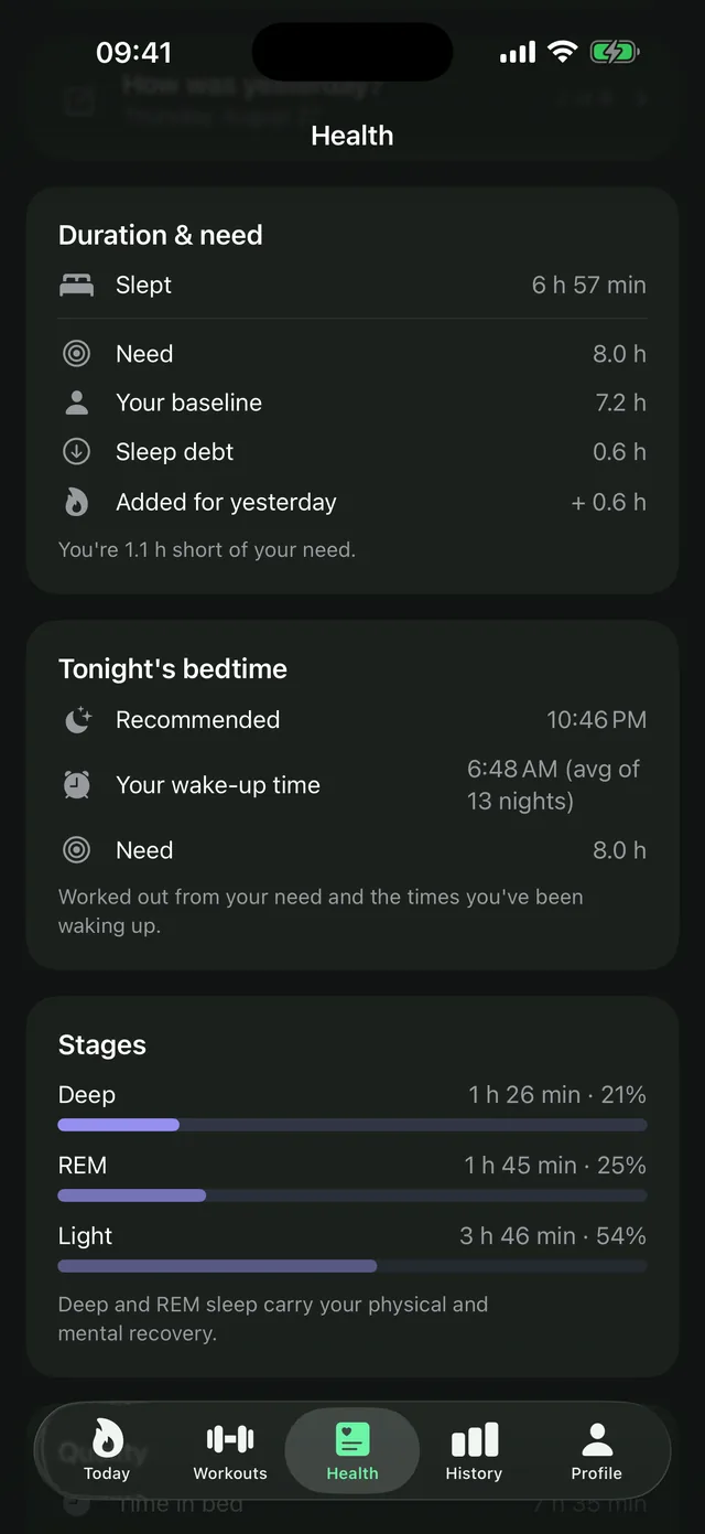 Sleep details in LeibFit from the Amazfit band: time asleep, sleep need and the sleep stages deep, light, REM and awake as a timeline