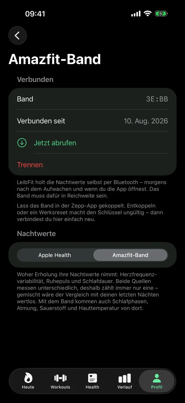 Amazfit-Band in LeibFit: verbundenes Band mit Kennung und Kopplungsdatum, Knopf „Jetzt abrufen“, dazu die Wahl der Nachtwert-Quelle zwischen Apple Health und Amazfit-Band – hier auf das Band gestellt