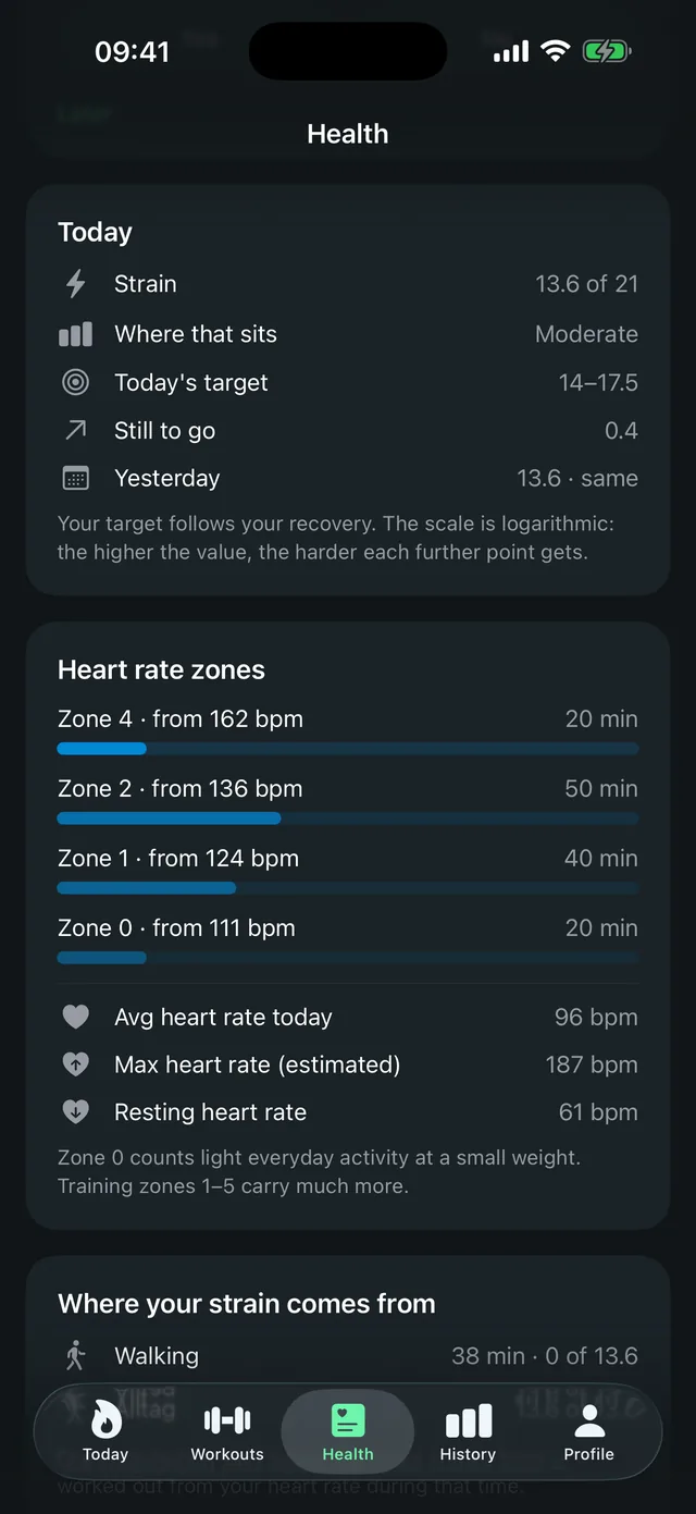 Strain view in LeibFit: daily load with a rating, a recovery-dependent target range and the day’s heart rate zones