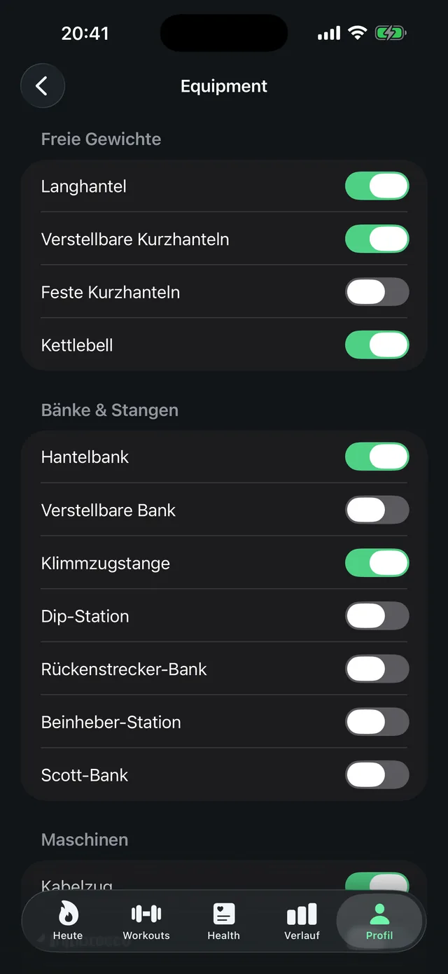 Equipment-Auswahl in LeibFit: Langhantel, verstellbare Kurzhanteln, Kettlebell, Hantelbank und Klimmzugstange per Schalter aktiviert