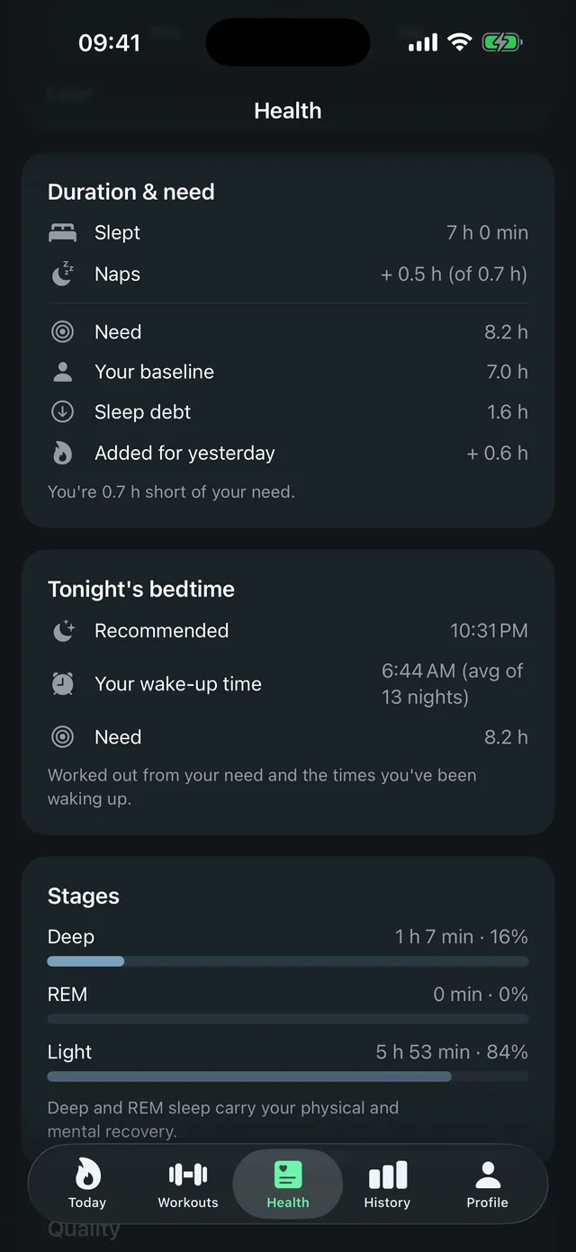 Sleep coach in LeibFit: 7 hours slept against an 8.2-hour need, sleep debt of 1.6 hours, a recommended bedtime of 10:31 PM, and the sleep stages