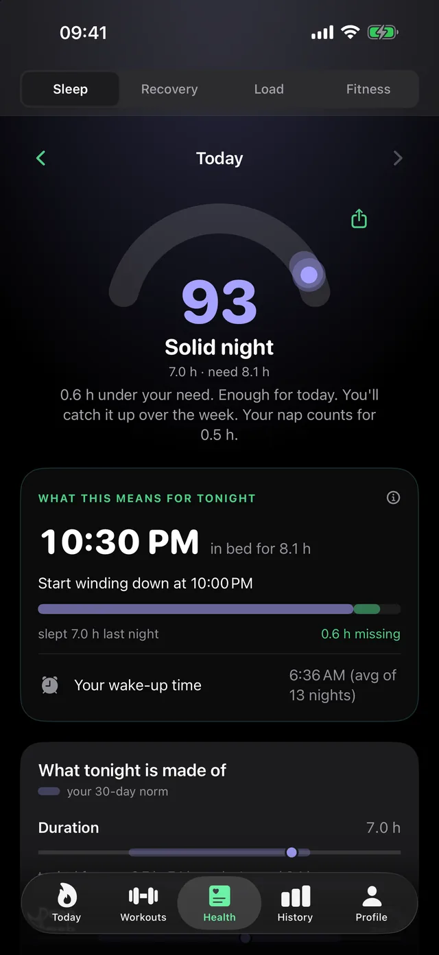 Sleep view in LeibFit: sleep 93 on a half arc, „Solid night“, 7.0 h against a need of 8.1 h – below, tonight’s bedtime, 10:30 PM, and when to start winding down