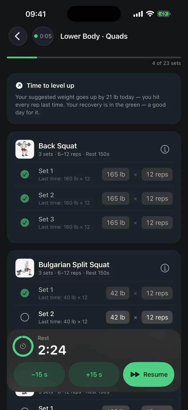 Training view in LeibFit: 4 of 23 sets checked off, back squat at 165 lb, plus the rest timer running at 2:24