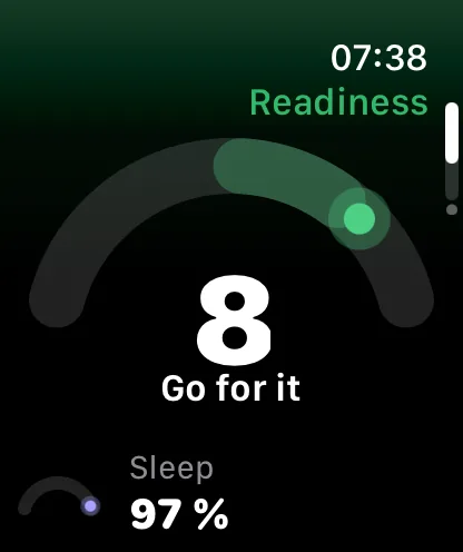 LeibFit on an Apple Watch: the “Readiness” view with 8 on a half arc and “Go for it”, with sleep at 97 per cent as a small arc below
