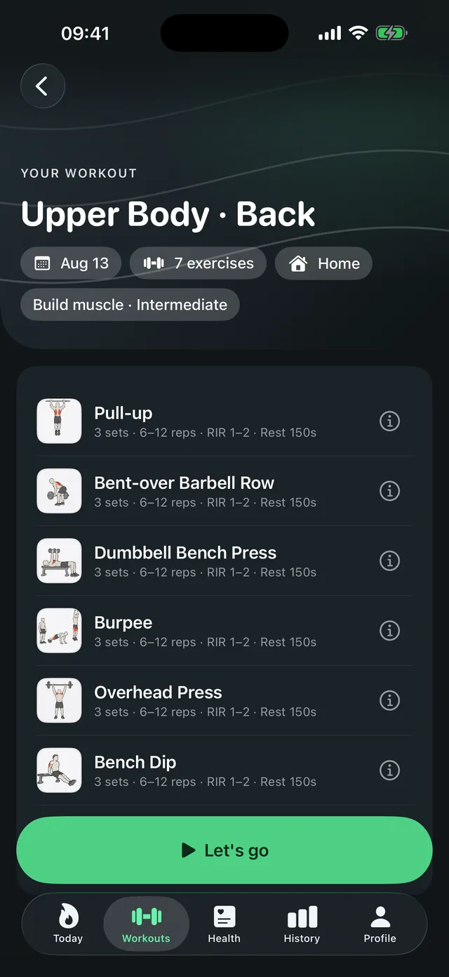 Weekly plan workout in LeibFit: upper body and back with seven exercises, each with sets, rep range, RIR, and rest time – planned for home, using only equipment you actually own